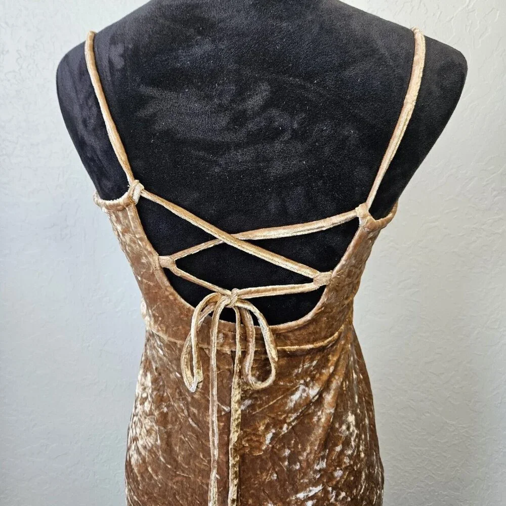 Vtg Y2K Forever 21 Crushed Velvet Midi Dress Tan Sz Med fairycore - Picture 4 of 12